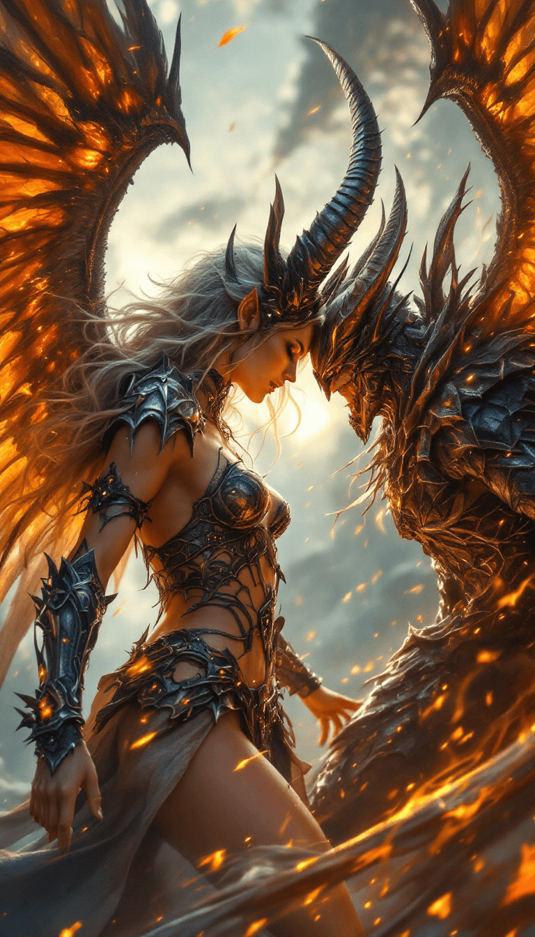 AI generated: Epic Fight between one angel woman and one male demon, angel and demon wings, Extrem perky skin, fre...