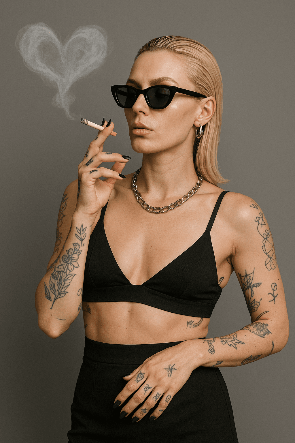 AI generated: A blonde woman with slicked-back hair and dark sunglasses, wearing a black bralette, black high-wais...