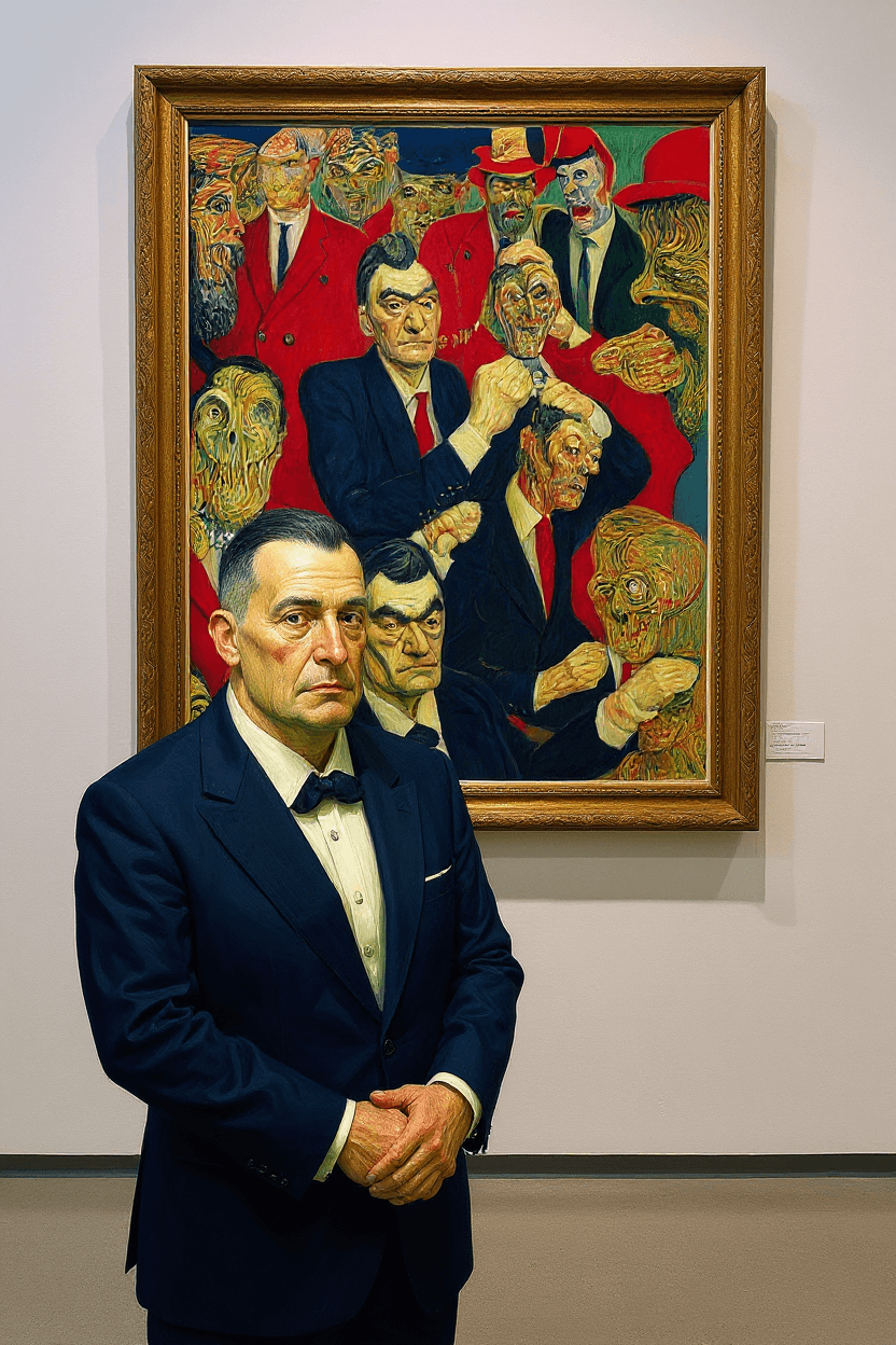 AI generated: The main character of this artwork in an art gallery with one artwork clearly hanging behind them. R...