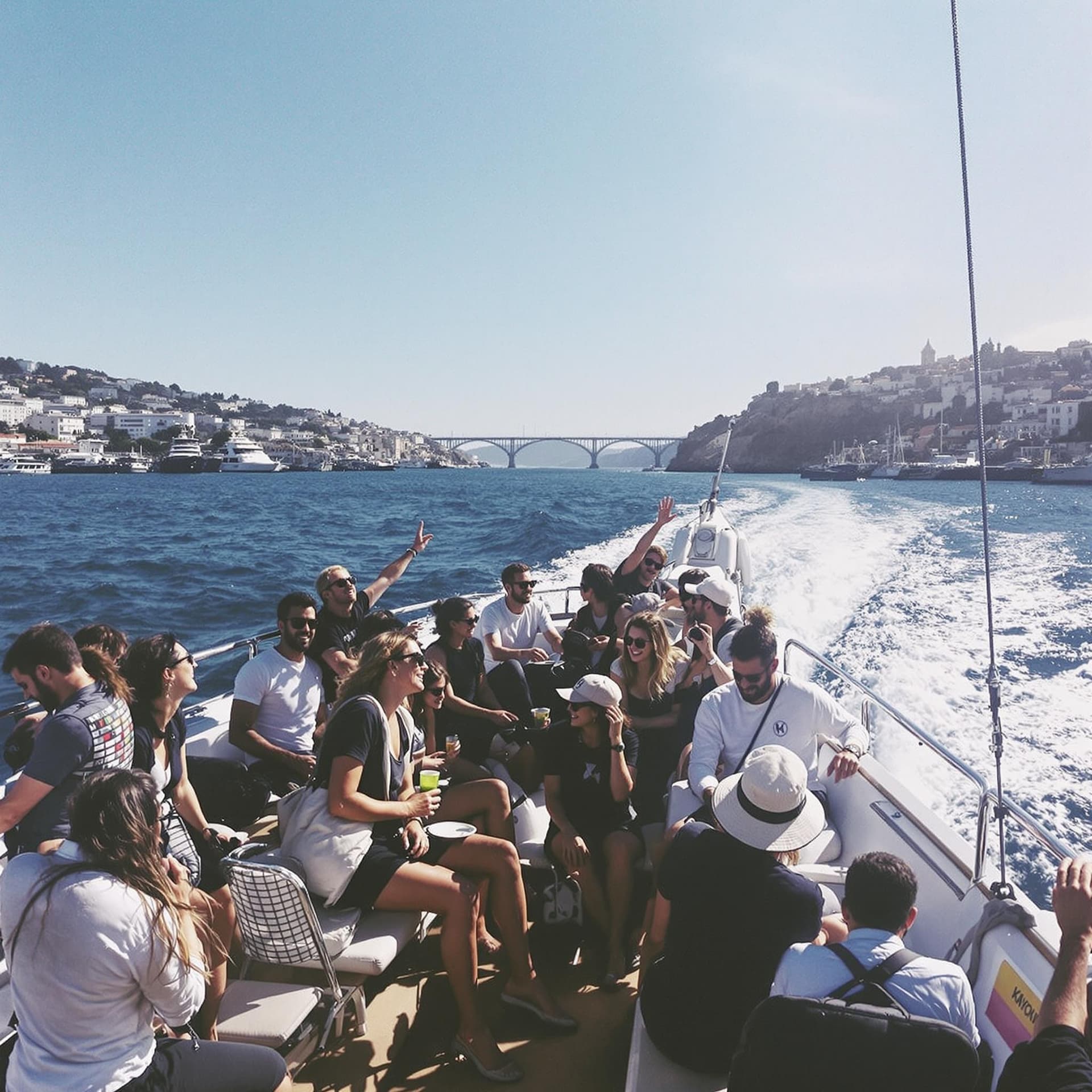 AI generated: fujifilm, leyca, boat tour, corporate retreat, happy team building retreat, happy team on a boat, po...
