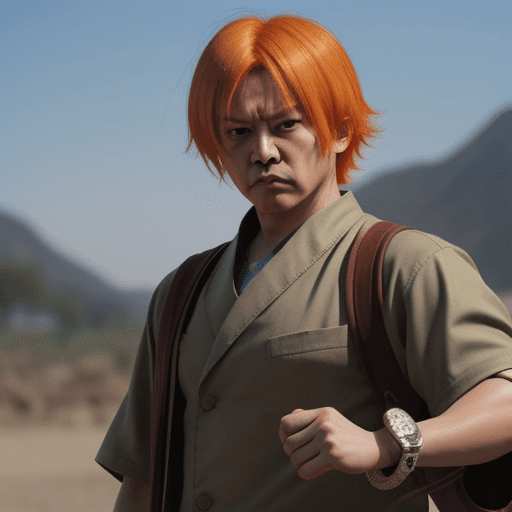 AI generated: Hirono with orange hair, a hamer on his hand, angry look and a war background