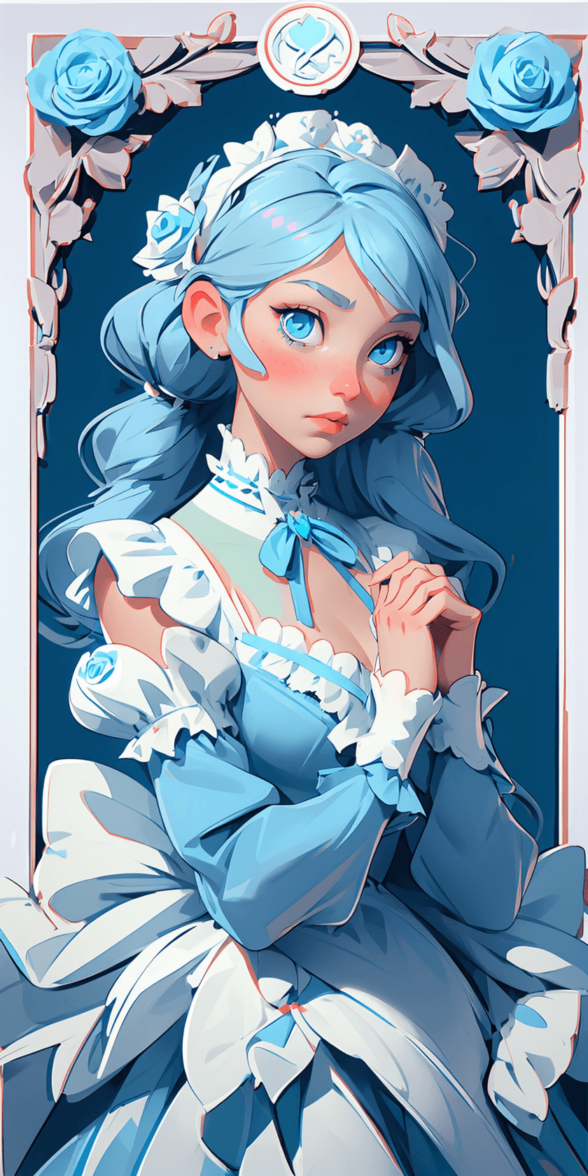 AI generated: 1girl, art nouveau, blue eyes, breasts, choker, dress, flower, framed, frills, long sleeves, looking...