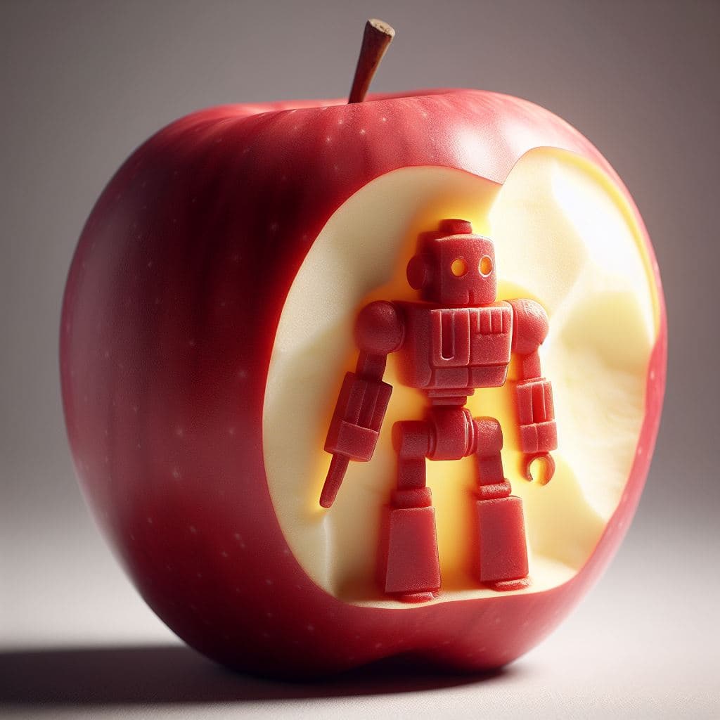 AI generated: photorealistic image of a red apple with a carved shape of {{Robot}} on its side. The carving should...