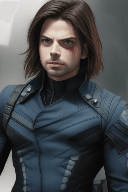 AI generated: extremely detailed photo of a man, Bucky Barnes, Winter Soldier, avengers, wearing black soldier sui...