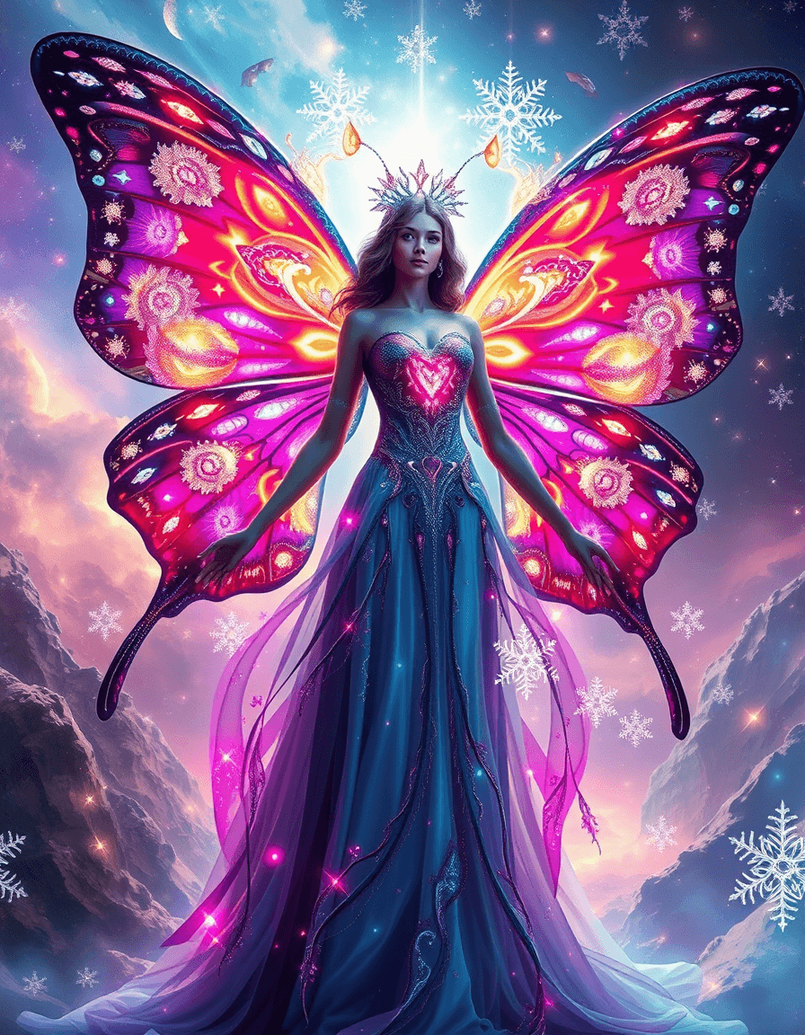 AI generated: A butterfly goddess adorned with fractal-patterned glows that resemble to snowflakes, and her radian...