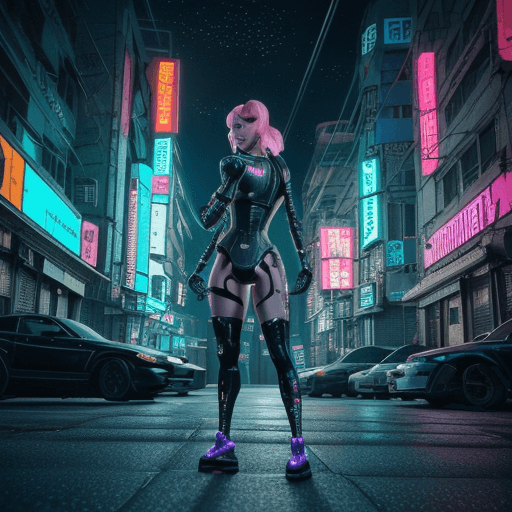 AI generated: (film stock), (extremely detailed CG unity 8k wallpaper) full body portrait of a cyberpunk woman lea...