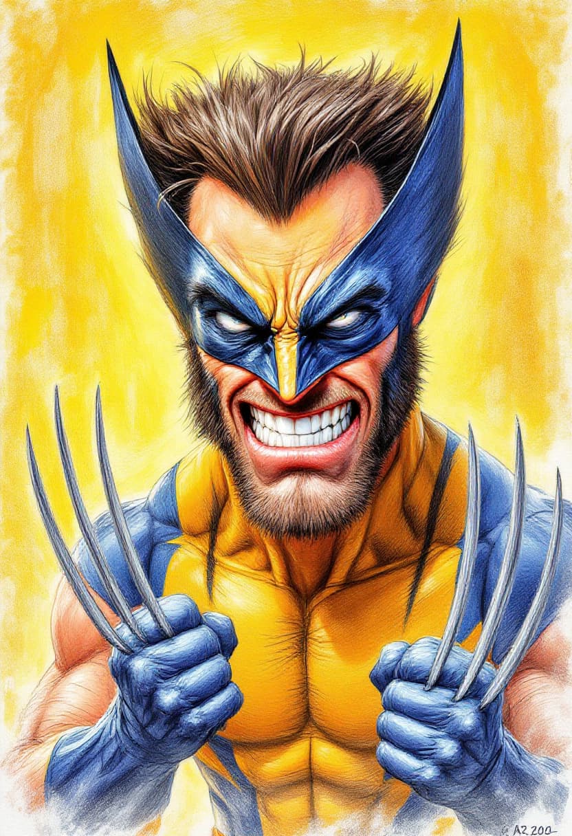 AI generated: Pencil caricature drawing of Wolverine, masked, in yellow, showing his claws, his ultimate weapon. C...