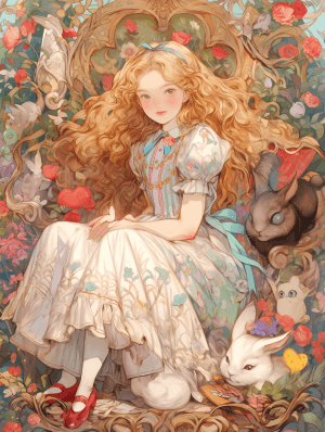 AI generated: Alice from Alice in Wonderland, Curious exploration stance with whimsical creatures releasing wonder...