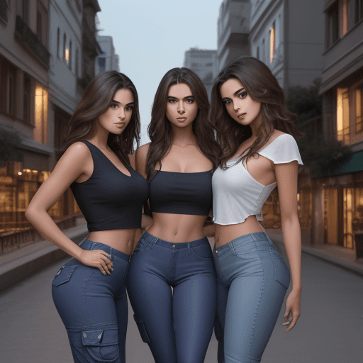 AI generated: Photo of beautiful latin models , in a top,  
 and fashion wide jeans with  cargo pockets with brune...