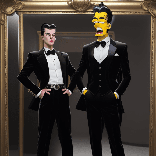 AI generated: Create a cartoon image of a Bart Simpson and Homer Simpson dressed as a Pachuco from the zoot suit e...