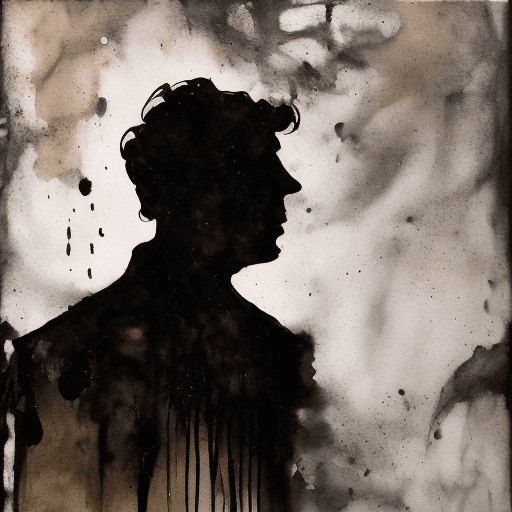 AI generated: Painterly, shadow play, a (English gentleman:2.3) as a silhouette in bleak darkness, body covered in...