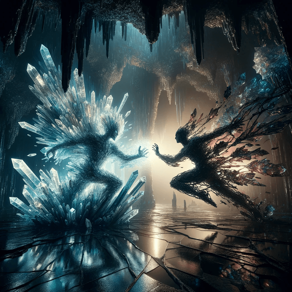 AI generated: Deep within an underground cavern, two figures engage in a dramatic battle. One manipulates crystals...