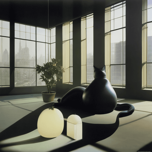 AI generated: cat dressed as an eggplant, daylight, indirect lighting, AD magazine, Frank Lloyd, Eames, Mies van d...