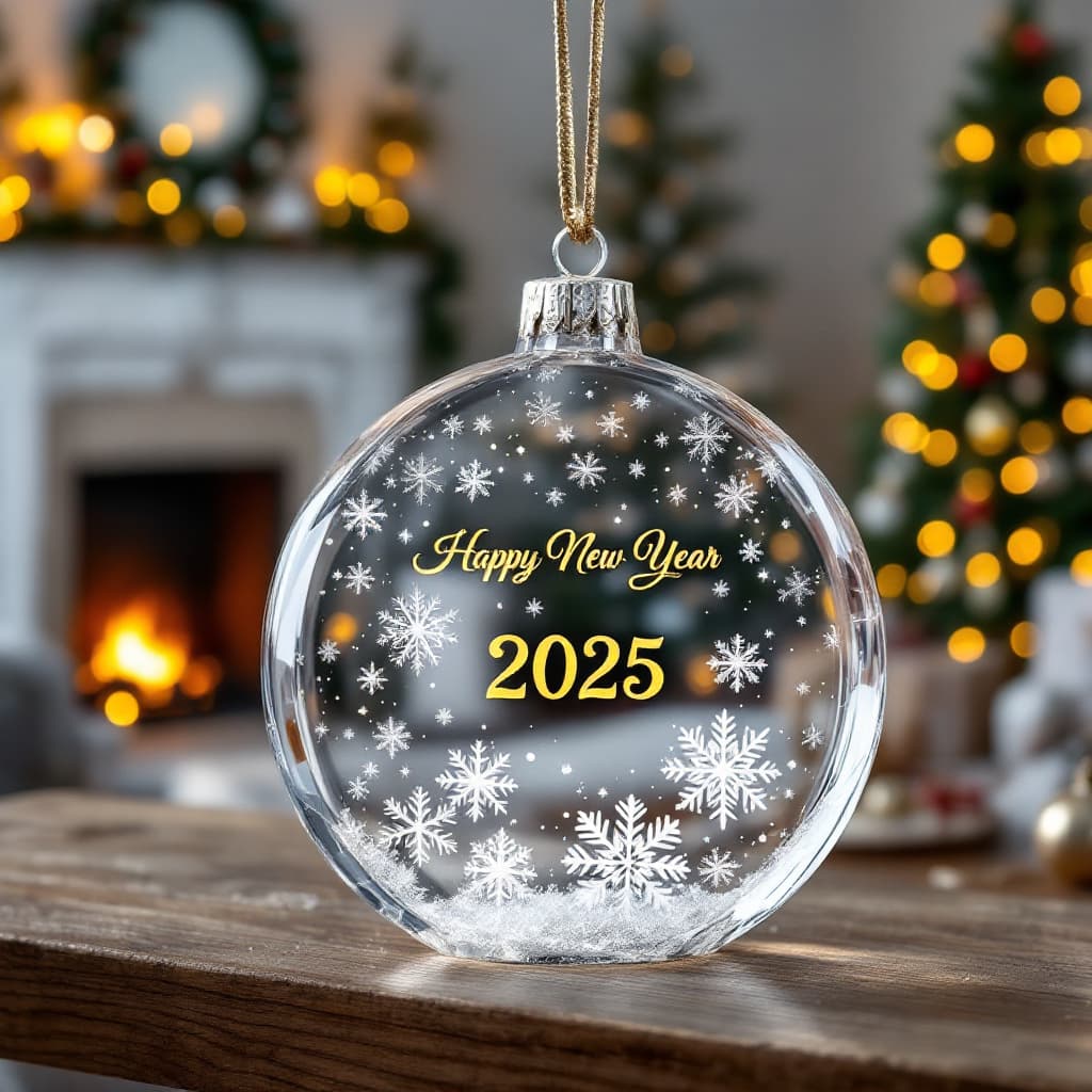 AI generated:  a translucent crystal ornament with beautiful snowflakes and the name "Happy New Year 2025" engrave...