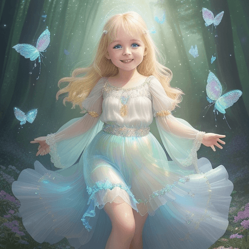 AI generated: a 4-year-old blonde girl with blue eyes and plumper cheeks,smiles,  clothes are adorned with shimmer...