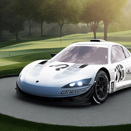 AI generated: Photo of a ultra realistic race car on a golf course 