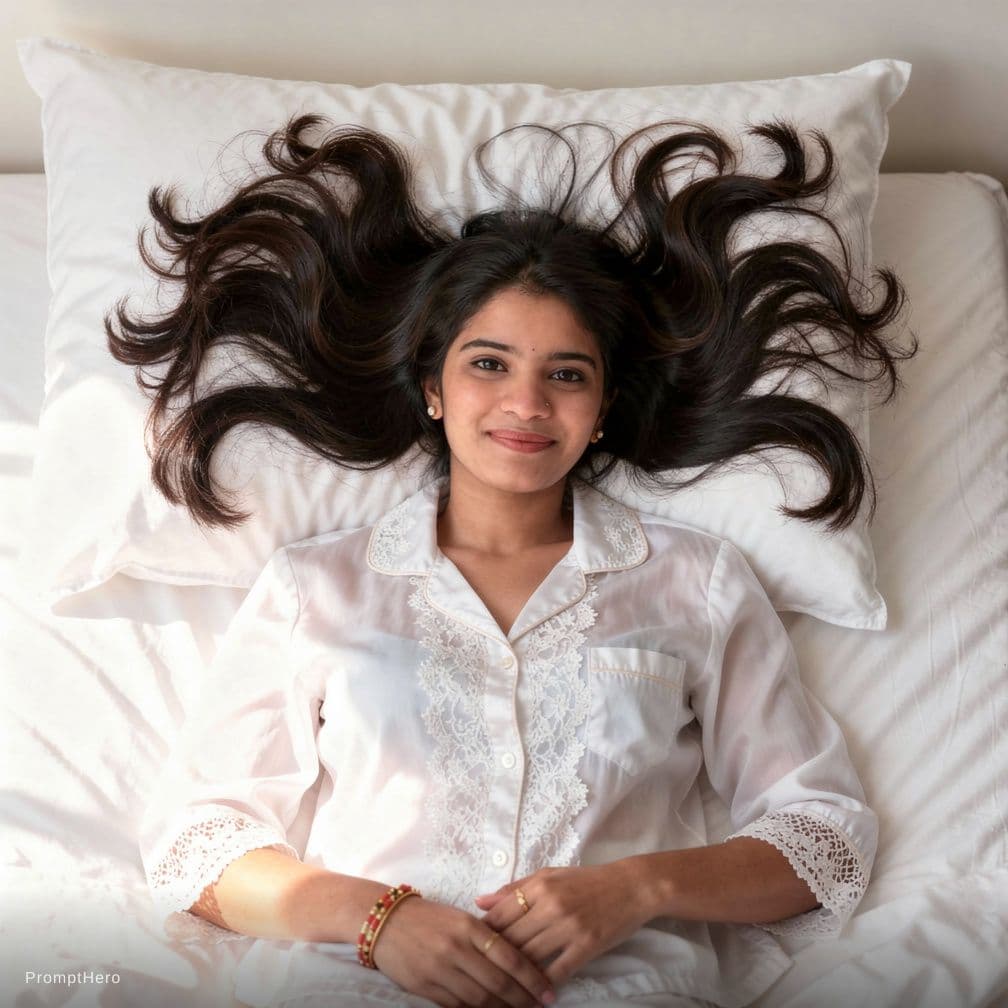 AI generated: Create a high-resolution photograph of a fit adult woman lying on her back in a bed covered with pri...