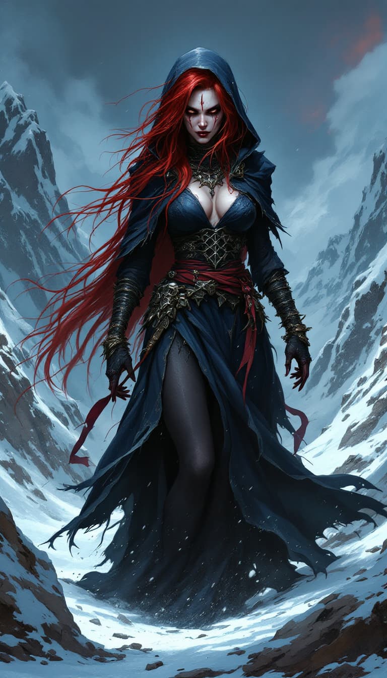 AI generated: Full body, Fantasy illustration of a evil female witch, in her thirties,red hair with a white streak...
