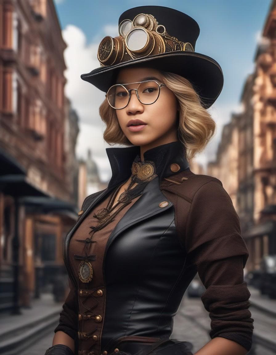 AI generated: ((Masterpiece)), Photograph of a Steampunk Woman with glasses, Blonde hair, Adventurers outfit, (Hat...