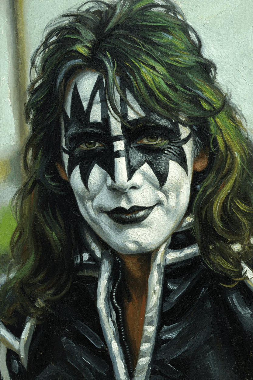 AI generated: Close-up portrait of the rockstar, Caucasian, adult male, with vibrant, stylized makeup. Intense, ex...