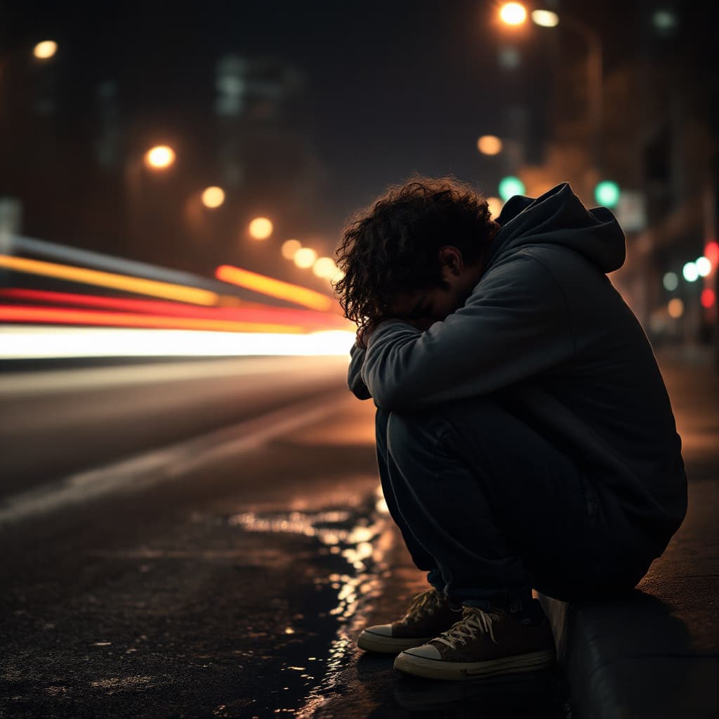 AI generated: A melancholic 30-year-old man with curly hair sits on the curb of a busy highway in the middle of Ne...