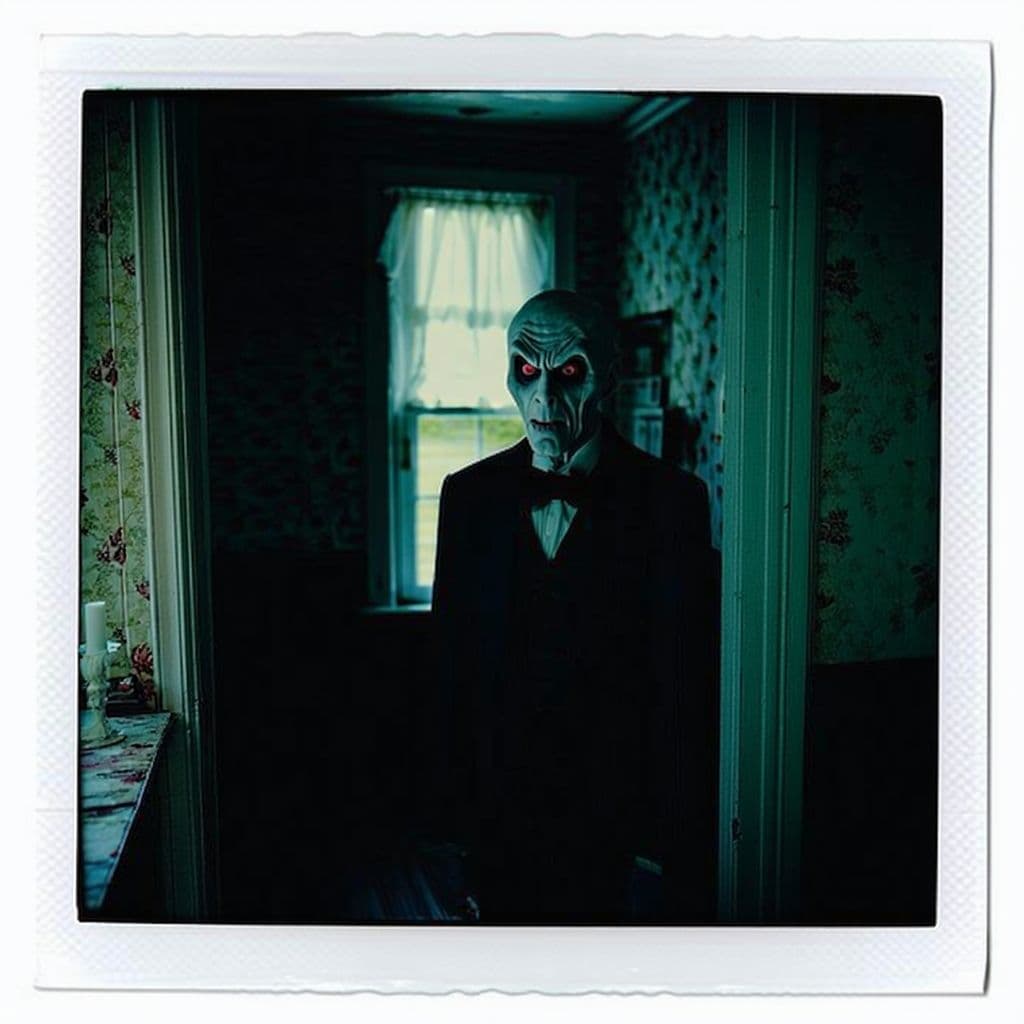 AI generated: grainy 80's photograph quality polaroid of uncanny, real life, 
nosferatu caught in an abandoned hou...