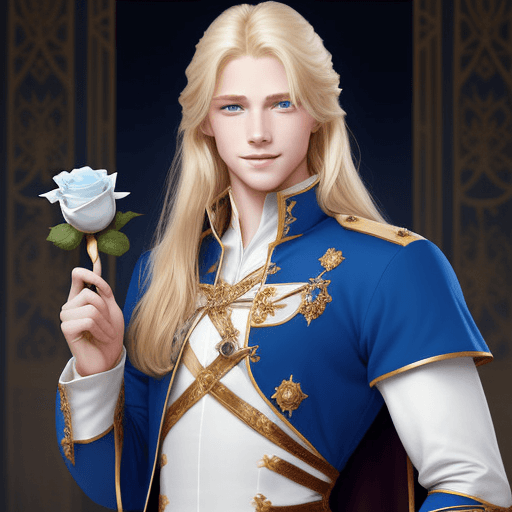 AI generated: generates a prince charming, blond with blue eyes and long hair, tall and muscular, chivalrous with ...