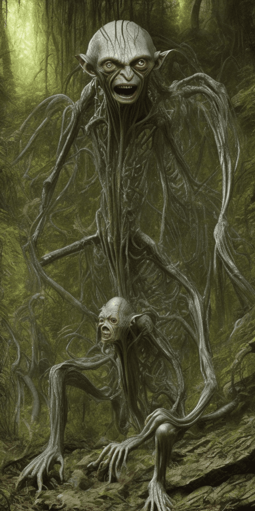 AI generated: Gollum in the forest, shiny, highly detailed, photorealistic, dynamic light,, extreme nightmare vers...