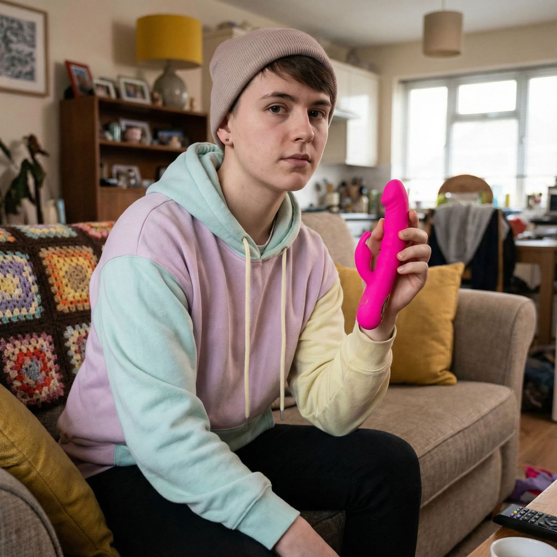 AI generated: Femboy holding pink dildo