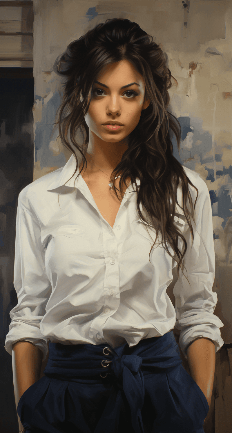 AI generated: a woman wearing white shirt and blue shorts, in the style of dark beige and gray, grunge beauty, bri...