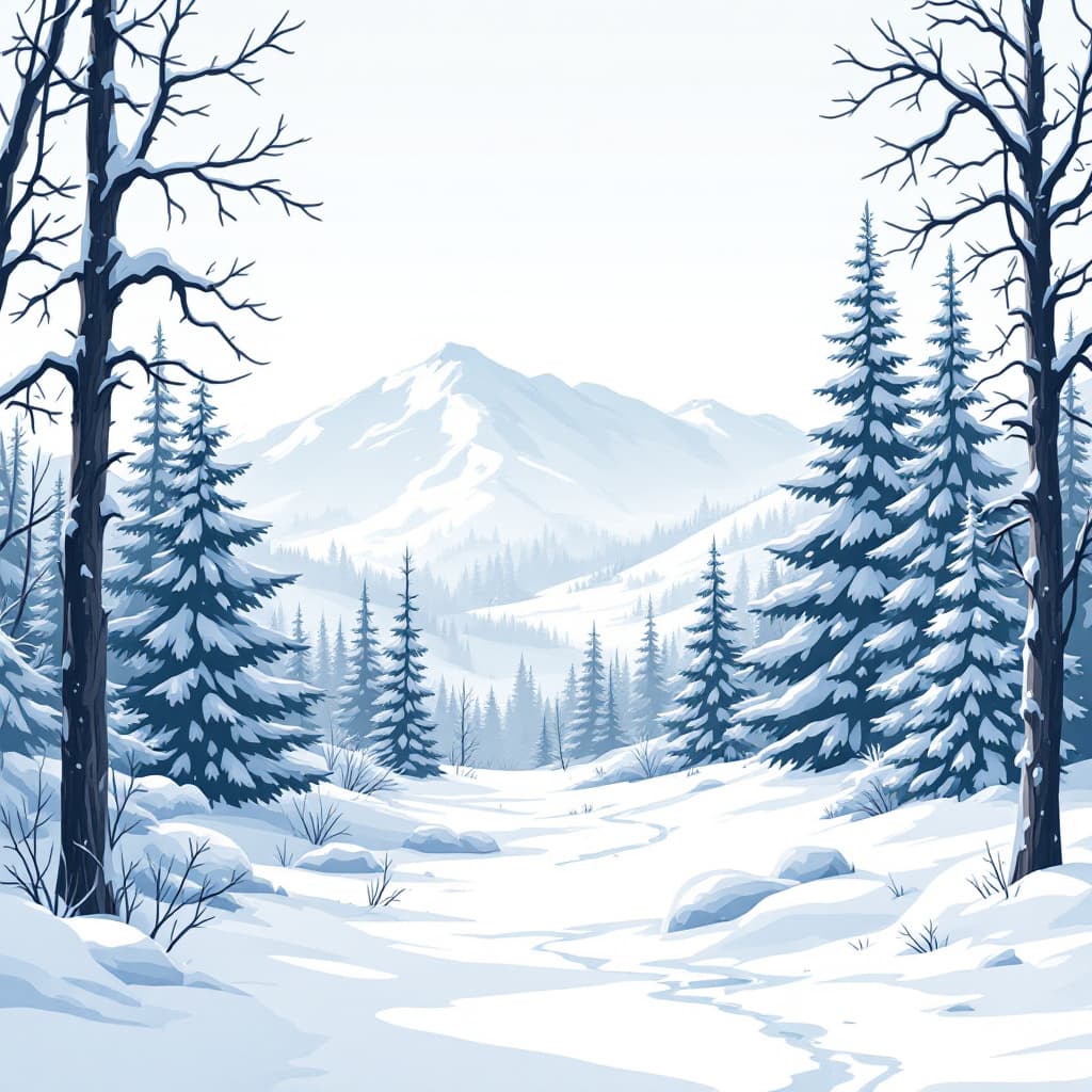 AI generated: a black and white flat vector snowy forest landscape without any background
