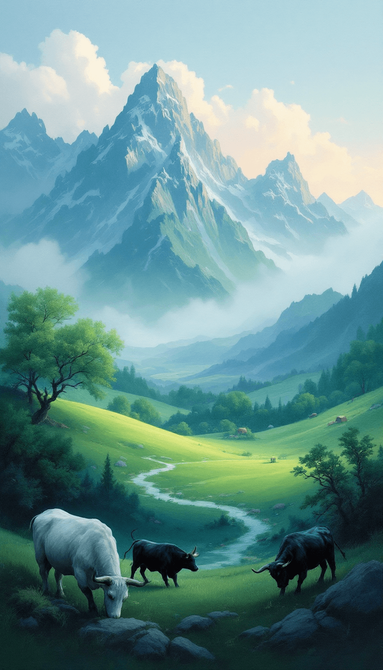 AI generated: a green landscape, black fighting bull painting pastel colors, 16k, -ar 9:16 - - style 750 - -v 6.0 ...