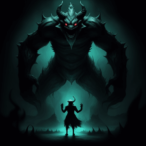 AI generated: warer in a black room woth monsters all arownd him.