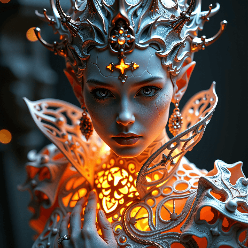 AI generated: Portrait of an alchemical empress, her face is [pale cracked porcelain] revealing a [glowing incande...