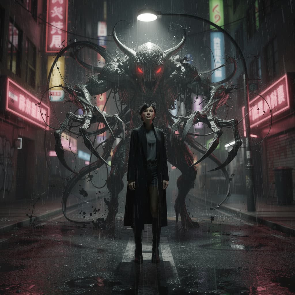 AI generated: Cinema 4D render, dark surrealism style. A lone woman stands in a rain-drenched neon city alley, but...