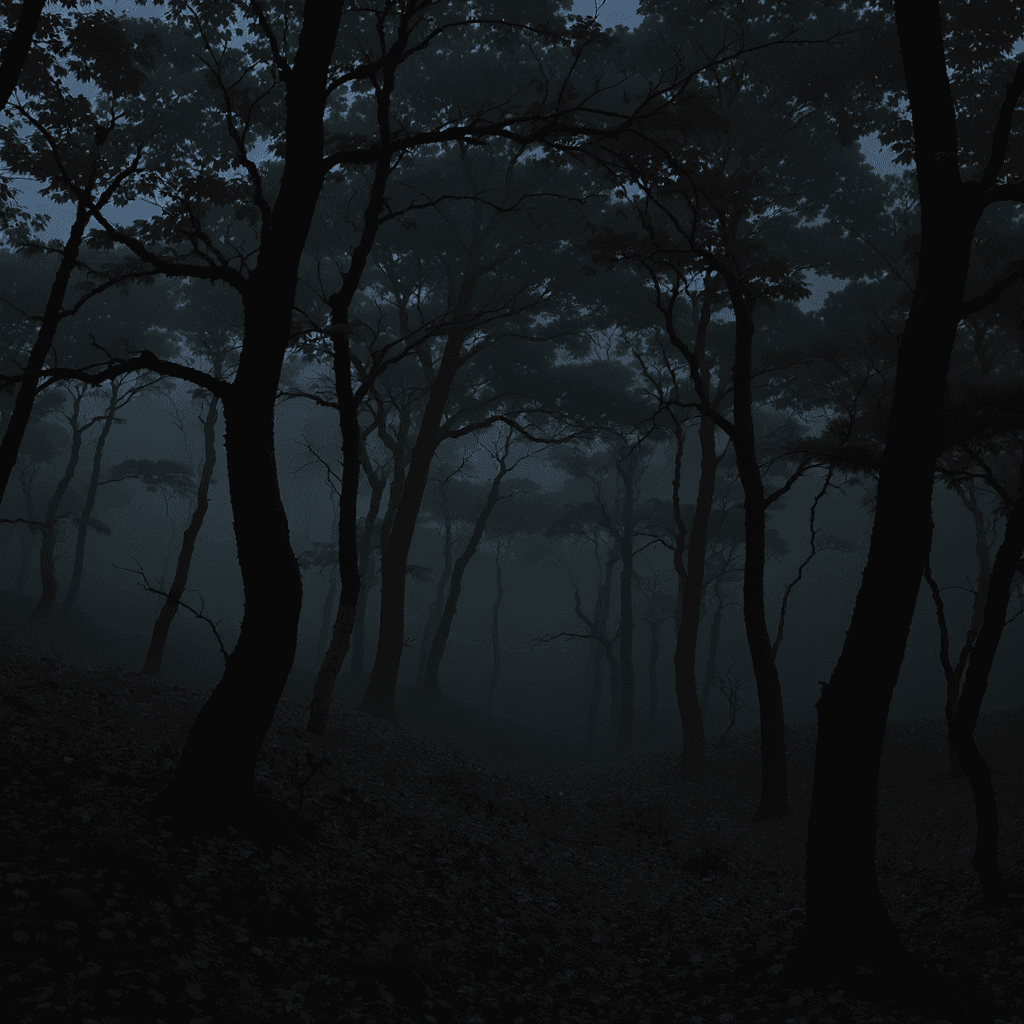 AI generated: Bosque muy oscuro y denso, árboles delgados y muy altos, troncos retorcidos, hojas negras y rojizas ...