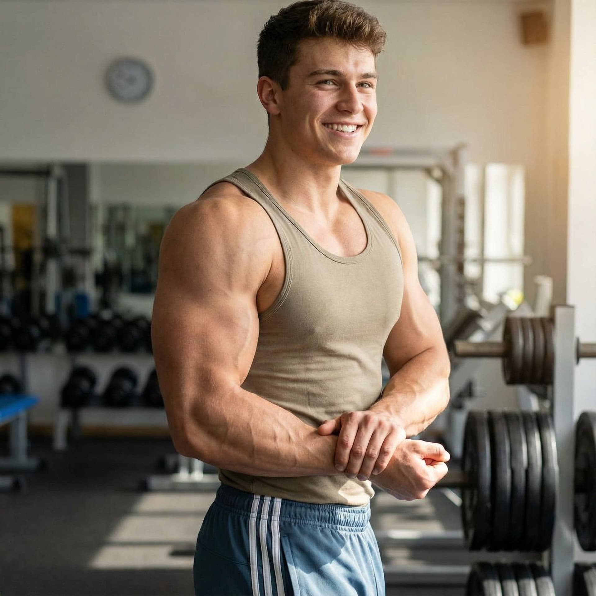 AI generated: muscular twink smiling while flexing huge muscles