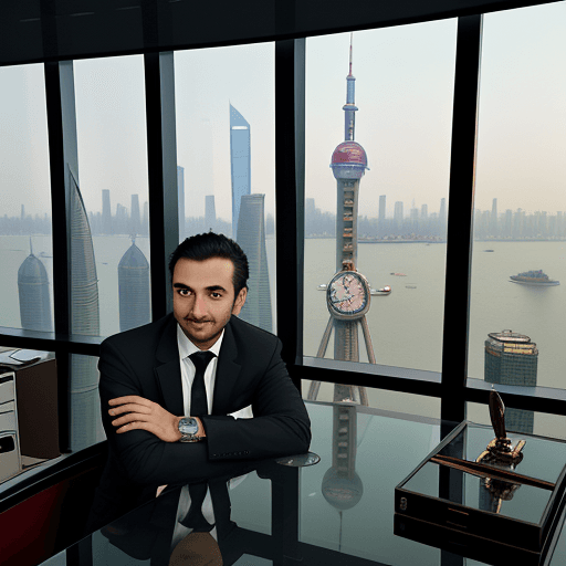 AI generated: Designer of watches in his modern office in a skycrapper, in china shanghai with view on the bund, F...