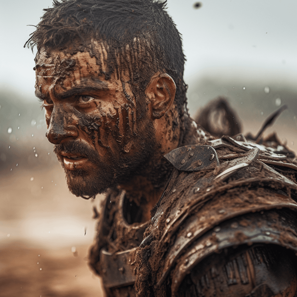AI generated: The gladiator stands after the battle, fear and horror on his face, tired and beaten, sand on his fa...