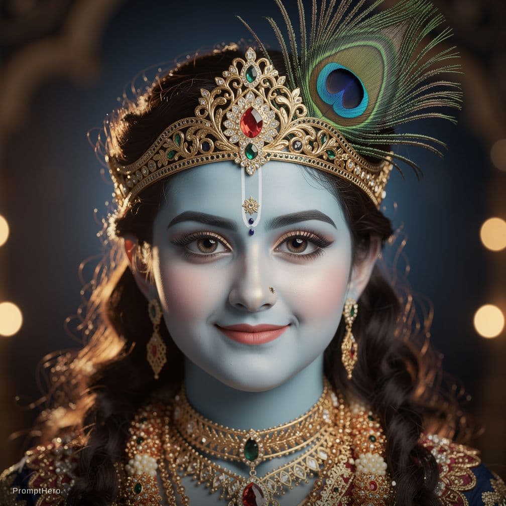 AI generated: close-up of a stunning lord krishna ultra-realistic, portrait, shot on a Sony A7III, high quality --...