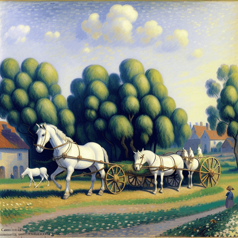 AI generated: Imaginative hay cart with a white horse and peasants in Camille Pissarro style.