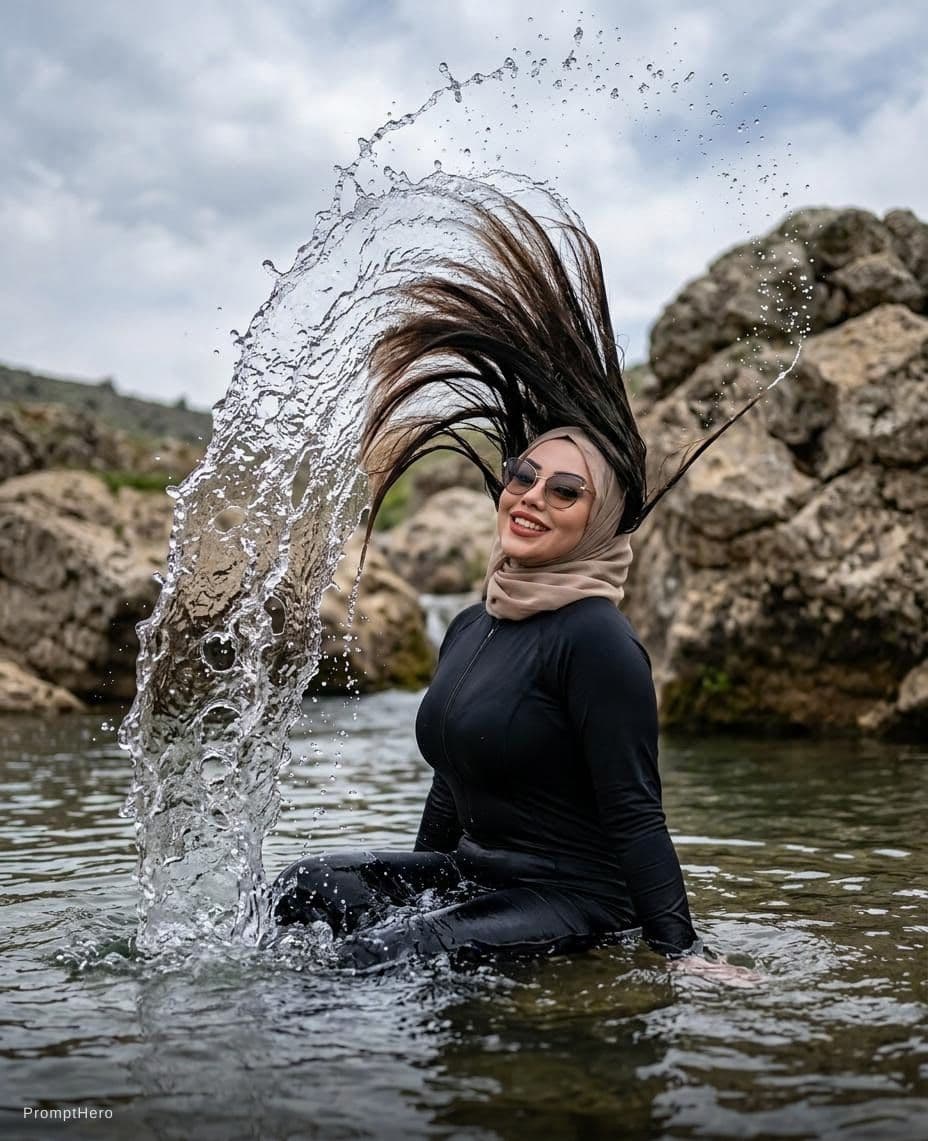 AI generated: This picture is a picture of a woman who is sitting in the water and can be seen on her right side. ...