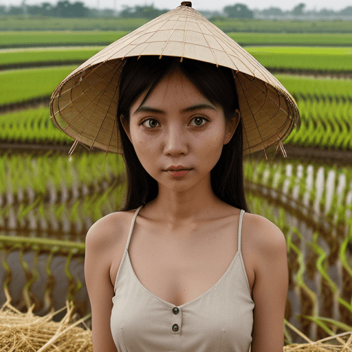 AI generated: big eyes, thin body, apprx 1.60cm, coloured eyes, vietnamese girl in the rice farm