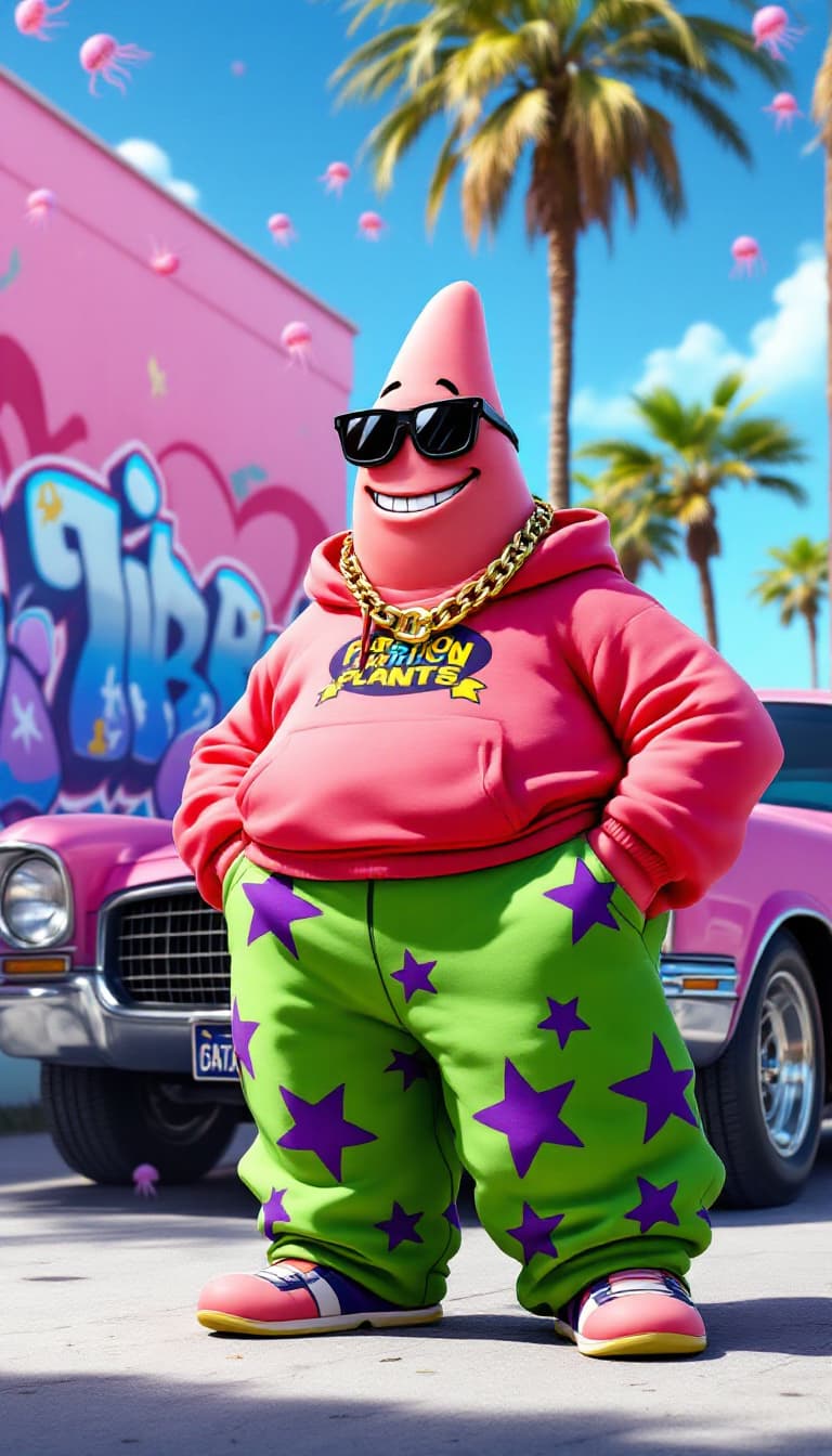 AI generated: The character Patrick from the animated series "SpongeBob SquarePants" with a cone-shaped head and a...