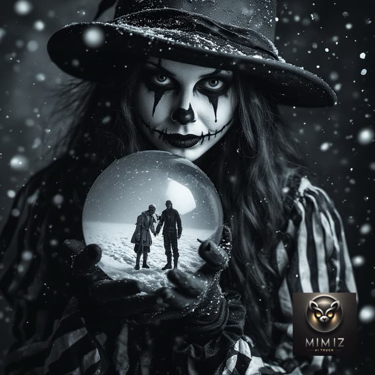 AI generated: Perchance 
creepy gothic mime woman with black-and-white face paint, striped outfit, holding snow gl...