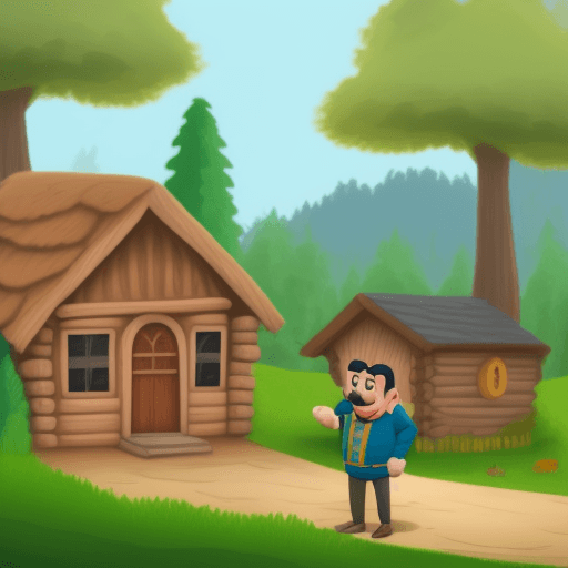 AI generated: a cowardly villager man stands in front of his wooden house with his wife. near the house there is a...