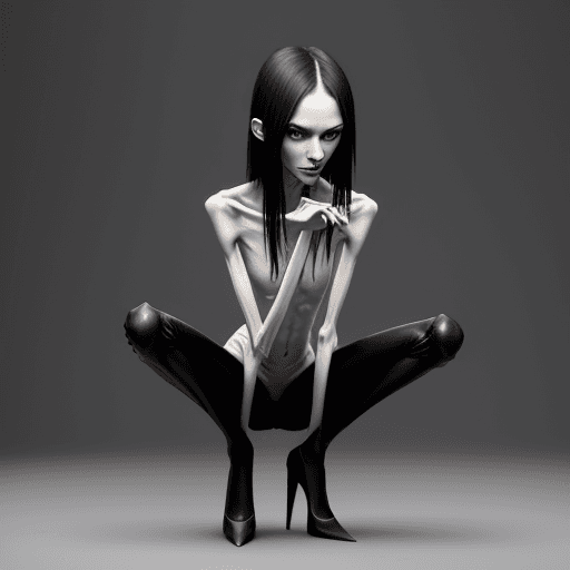 AI generated: very skinny slender girl, with long curved claws, with skinny legs and long skinny calves in high he...