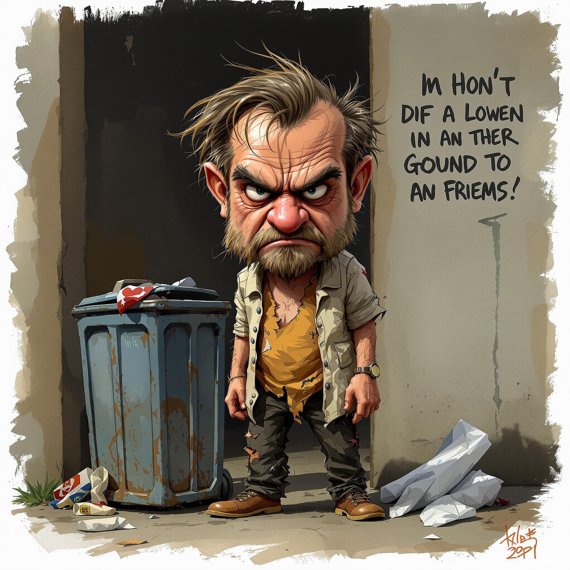 AI generated: Realistic caricature of a small and angry man in torn clothes near a trash can

