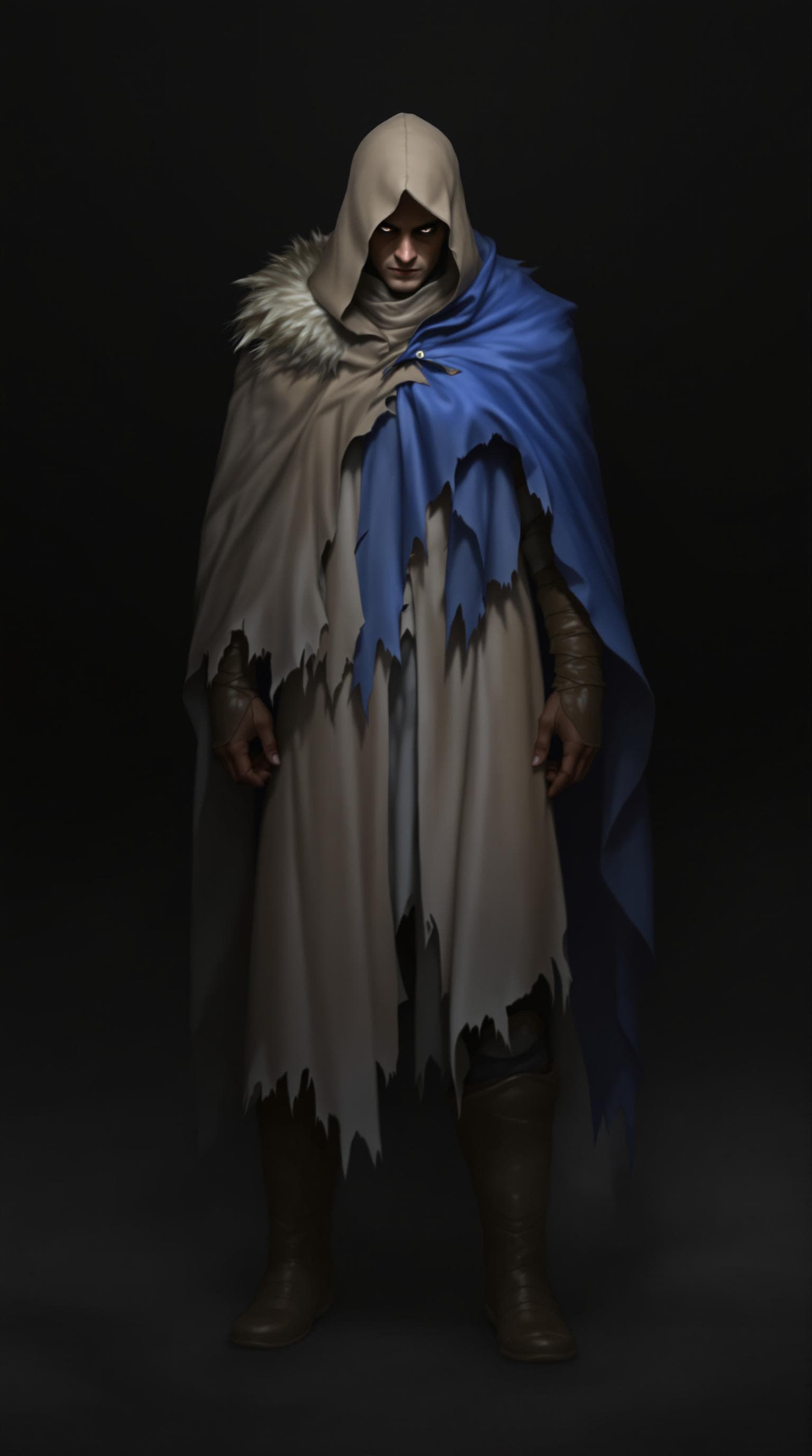 AI generated: A digital painting depicts a character standing centrally in an intense pose. The figure wears a bei...