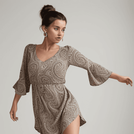 AI generated:  An image of a woman in mid-step, her left leg forward, body angled to the side, looking over her ri...